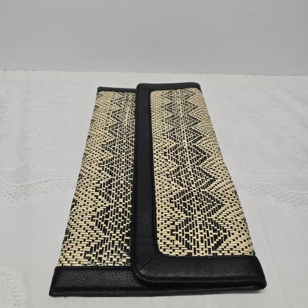 Banana Republic Chevron Straw Clutch Black Vegan Leather Trim Boho Chic NWT